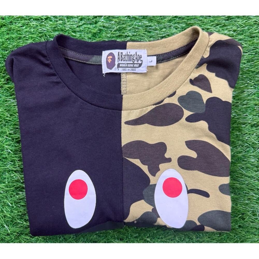 A Bathing Ape T-shirt Mens M Half Black Camo Split Shark Streetwear Hype
